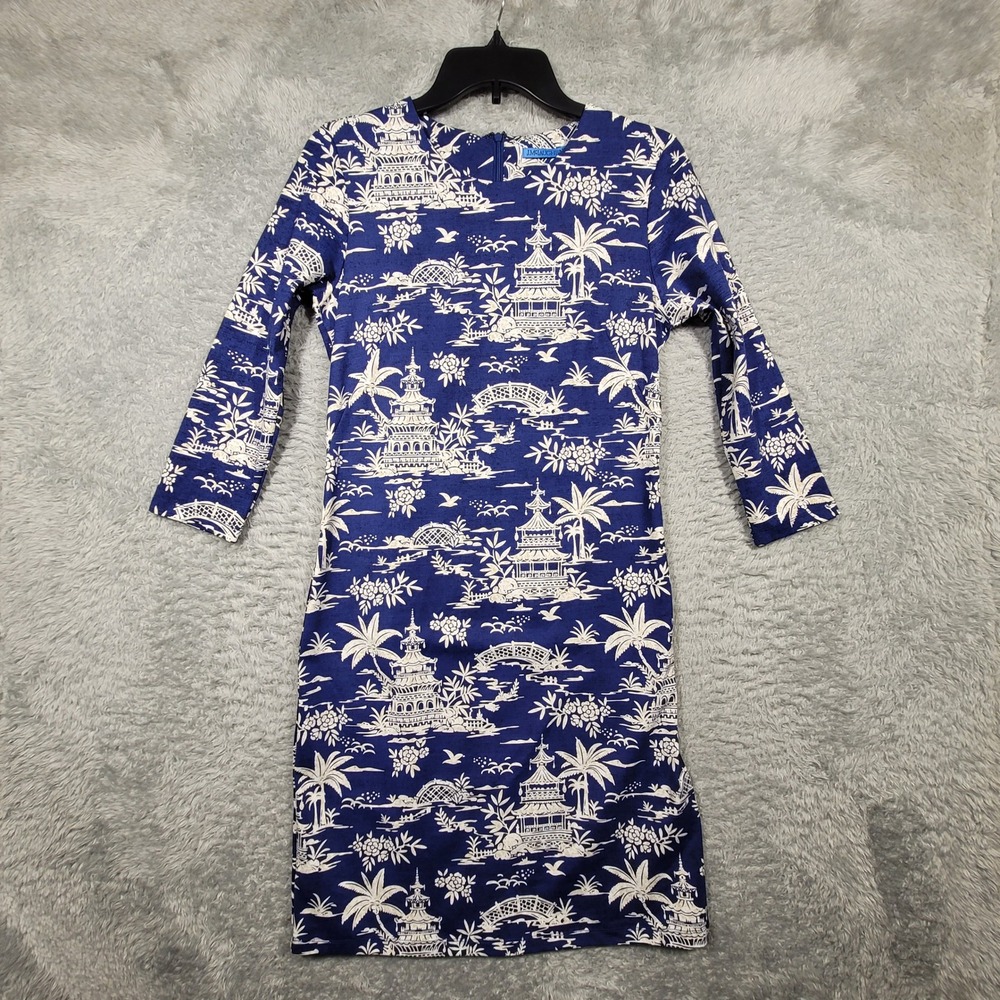 J McLaughlin‎ Sophia Dress Womens Small Navy White Tongsa Palms 3/4 Sleeve